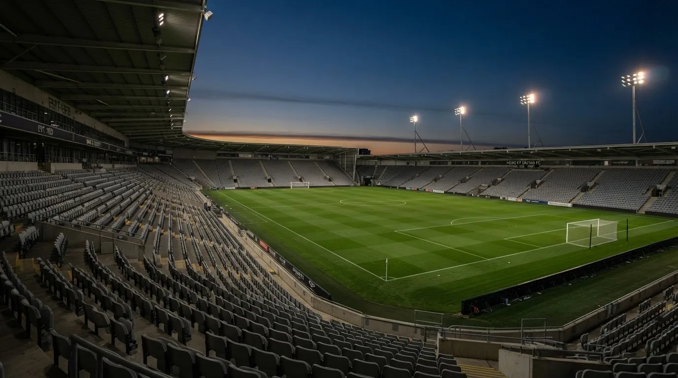 Eine leere Stadiontribüne unter Flutlicht aus der Ferne betrachtet, die Rasenfläche leuchtet grün in der Dämmerung.