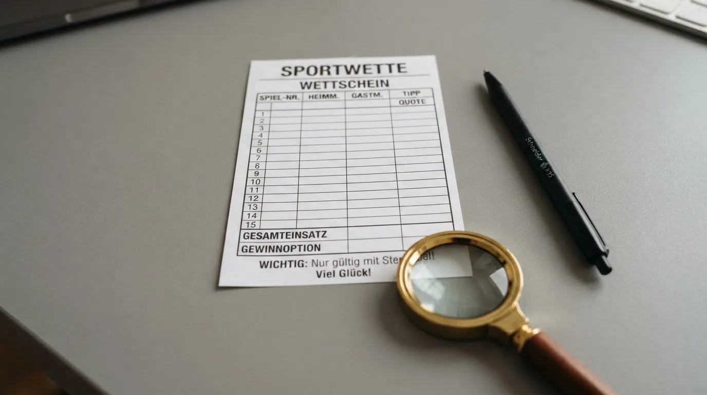 Ein leerer Wettschein aus Papier und ein Kugelschreiber liegen auf einem Schreibtisch neben einer Lupe.