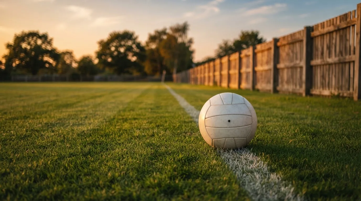 Ein Fußball liegt am Rand eines Rasens neben einer weißen Linie, im Hintergrund ein Zaun in der Abendsonne.