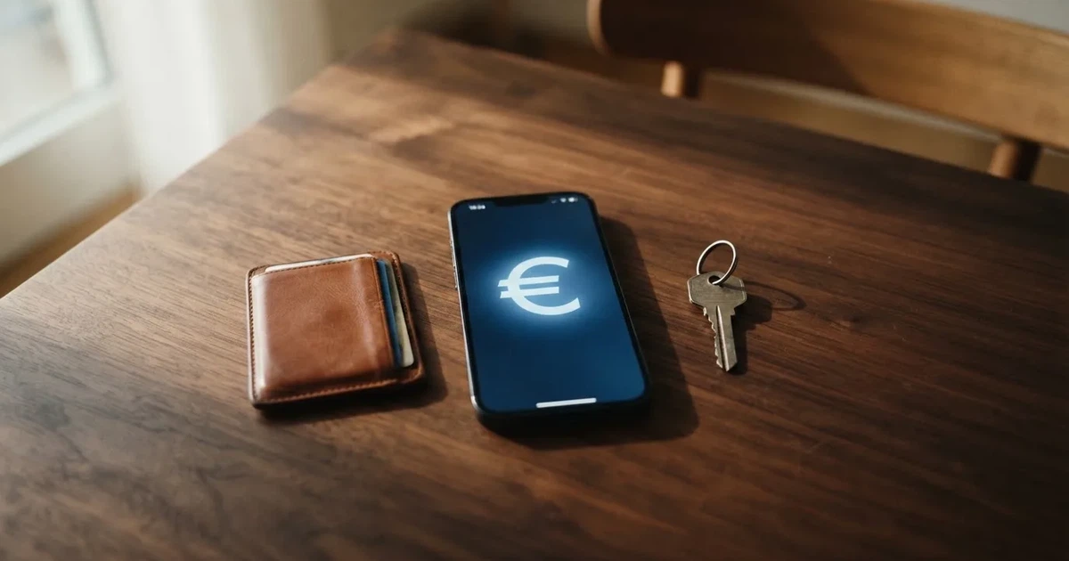 Ein Smartphone mit dunklem Display liegt neben einer Geldbörse und einem Schlüssel auf einem Tisch.