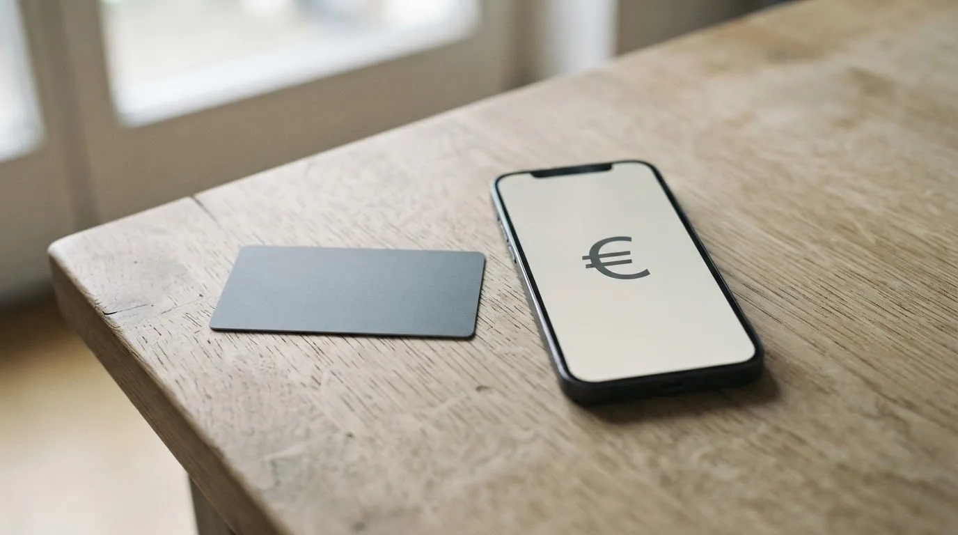 Eine Bankkarte ohne Aufdruck liegt neben einem Smartphone mit dunklem Display auf einem Holztisch.