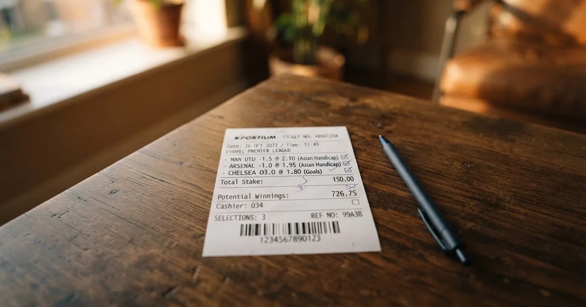 Ein leerer Papier-Wettschein liegt neben einem Kugelschreiber auf einem Tisch, ohne lesbaren Aufdruck.