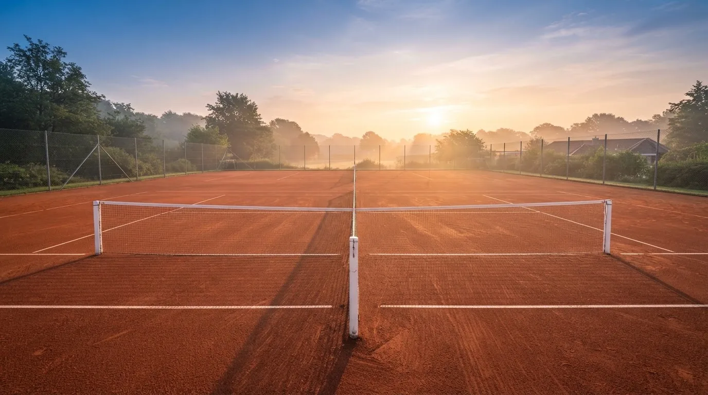 Ein Tennisplatz aus Sand bei Sonnenaufgang, das Netz im Gegenlicht, kein Mensch zu sehen.