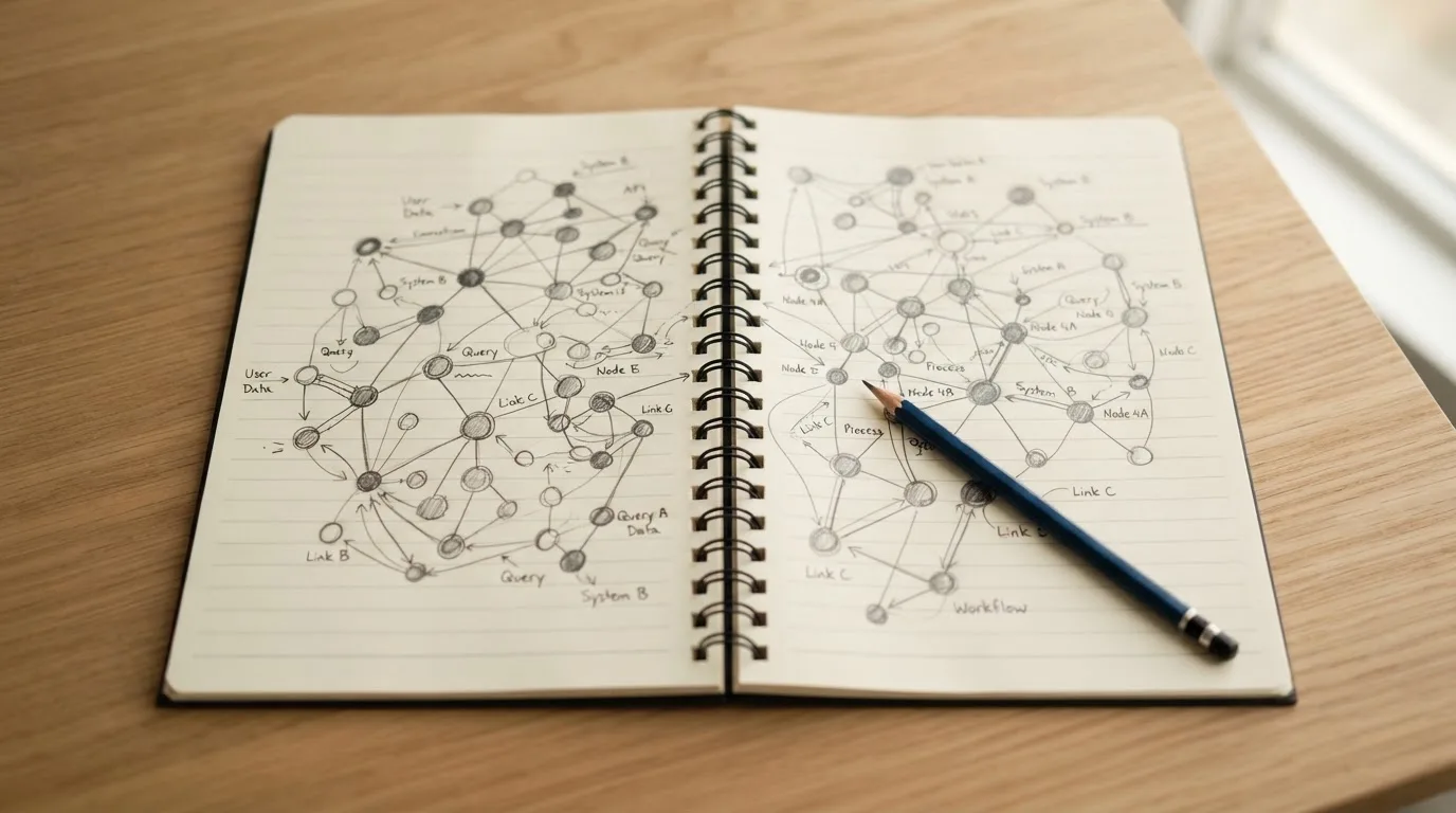 Ein Notizbuch mit handgezeichneten Knoten und Linien liegt neben einem Bleistift auf einem Schreibtisch.