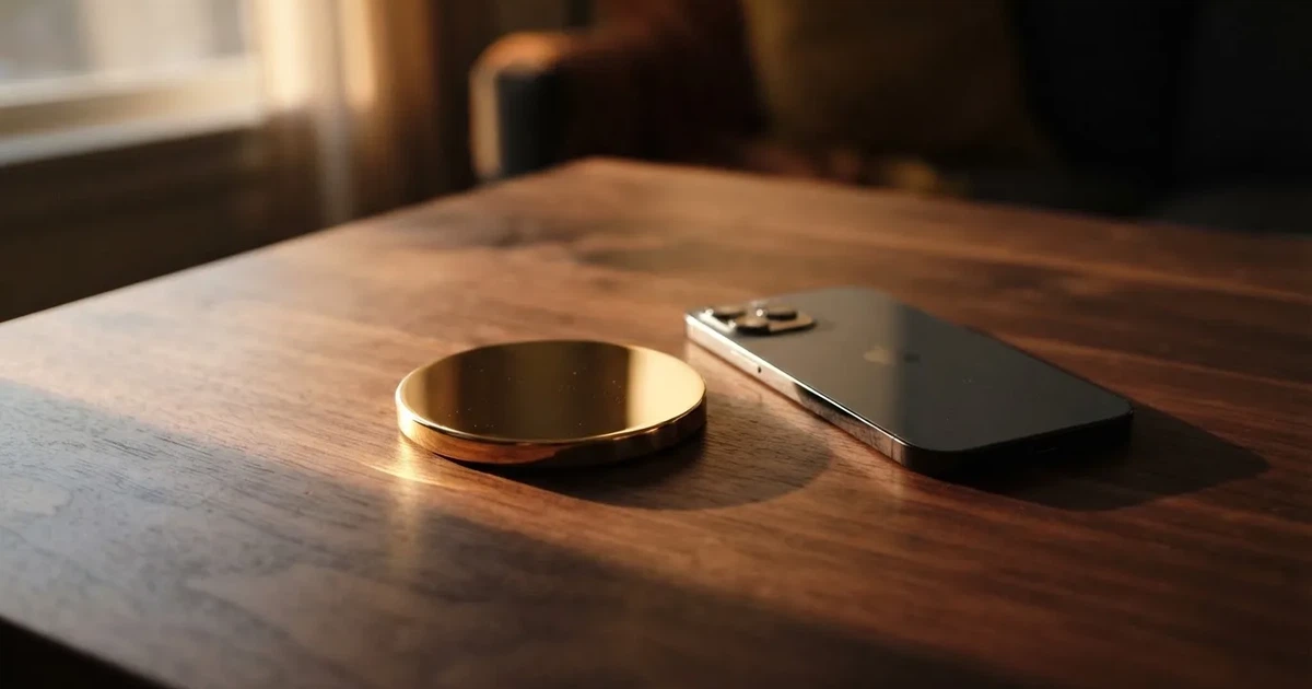 Eine einzelne goldfarbene Münze ohne Prägung liegt auf einem dunklen Tisch, daneben ein ausgeschaltetes Smartphone.