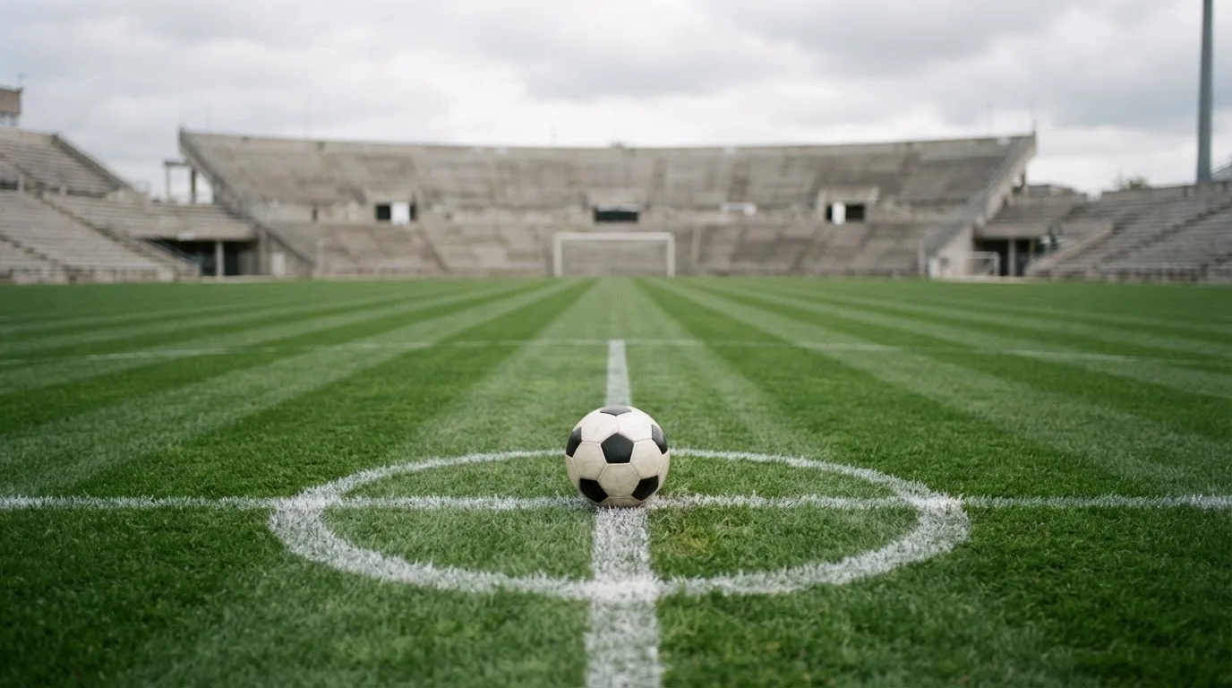 Ein Fußball liegt auf dem Anstoßpunkt eines leeren Rasenplatzes, im Hintergrund eine ruhige Tribüne unter bedecktem Himmel.