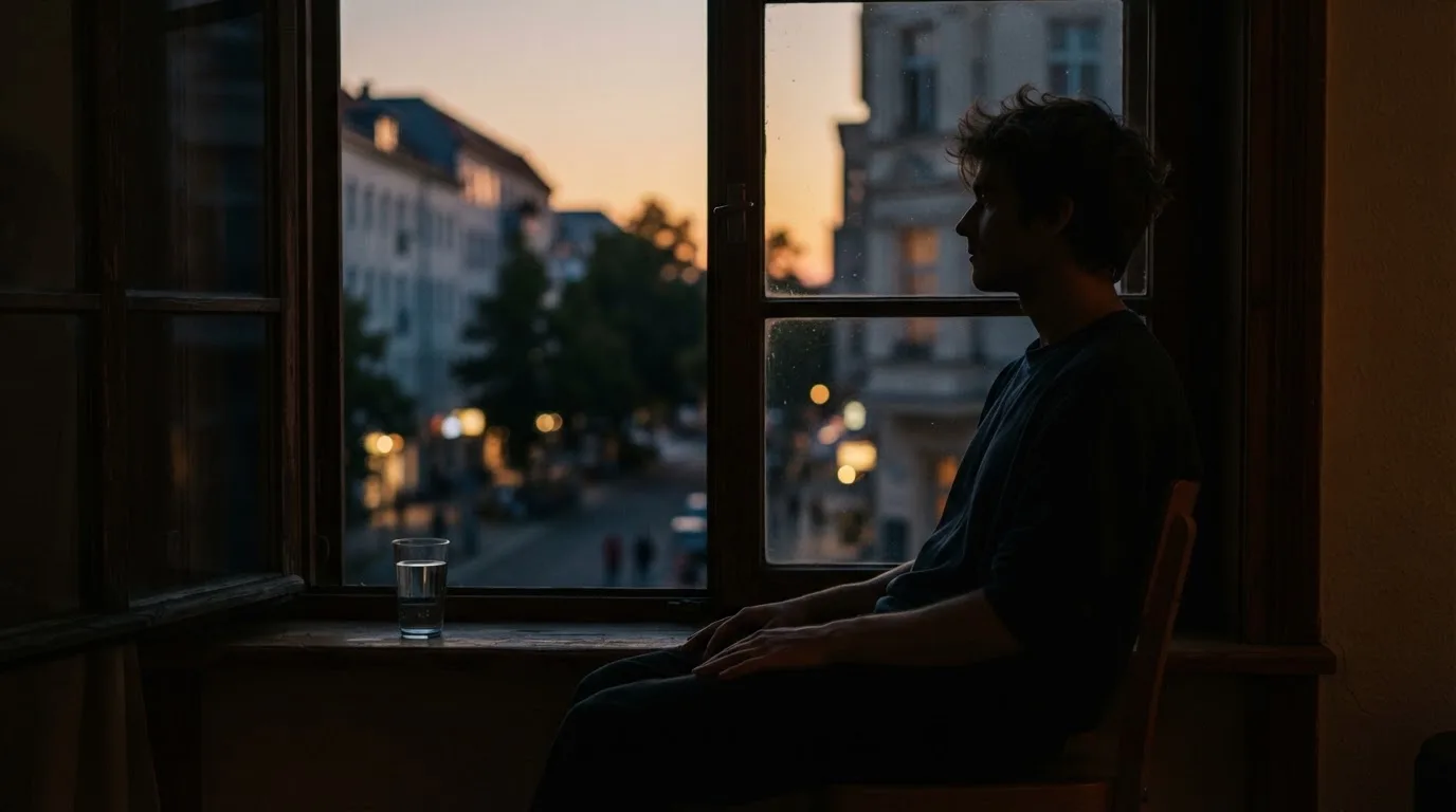 Die Silhouette einer Person sitzt am Abend am Fenster und blickt auf eine Straße, auf dem Fensterbrett steht ein Glas Wasser.