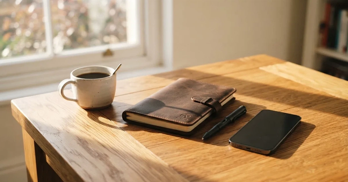 Ein Holzschreibtisch im Morgenlicht mit geschlossenem Notizbuch, Kugelschreiber und Kaffeetasse, daneben ein Smartphone mit dunklem Bildschirm.