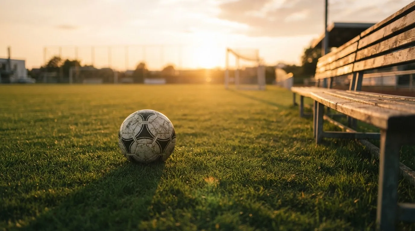 Ein Fußball auf einem Rasenplatz im Gegenlicht der tiefstehenden Sonne, am Spielfeldrand eine leere Ersatzbank.