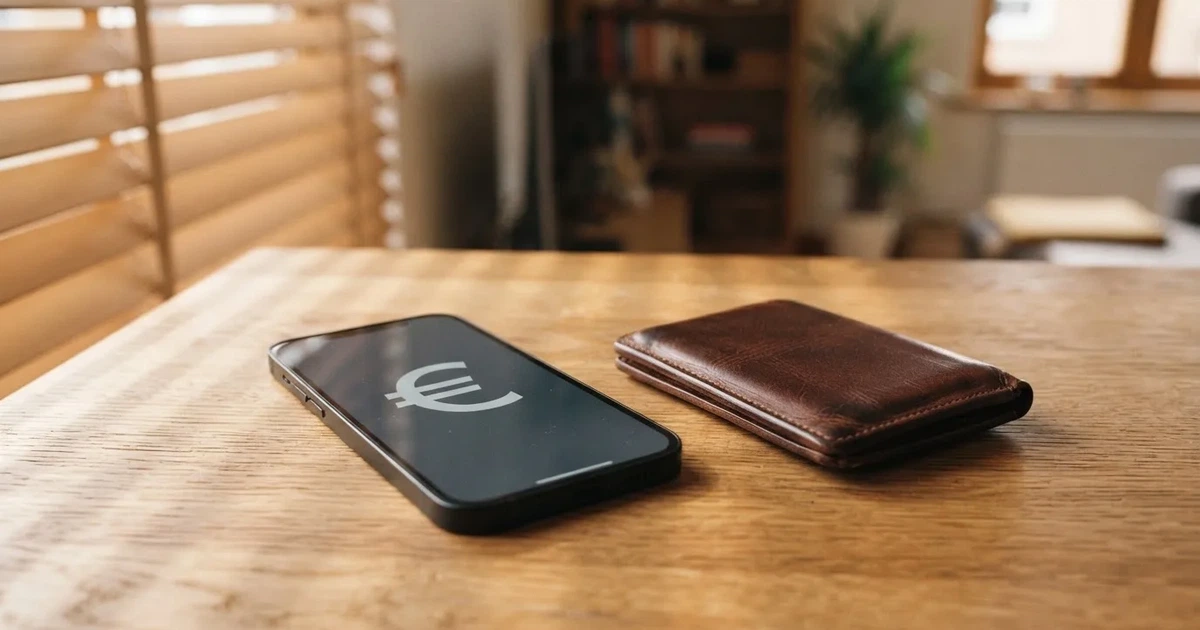 Ein Smartphone mit dunklem Bildschirm liegt neben einer Geldbörse und wenigen Münzen auf einem Holztisch im weichen Fensterlicht.