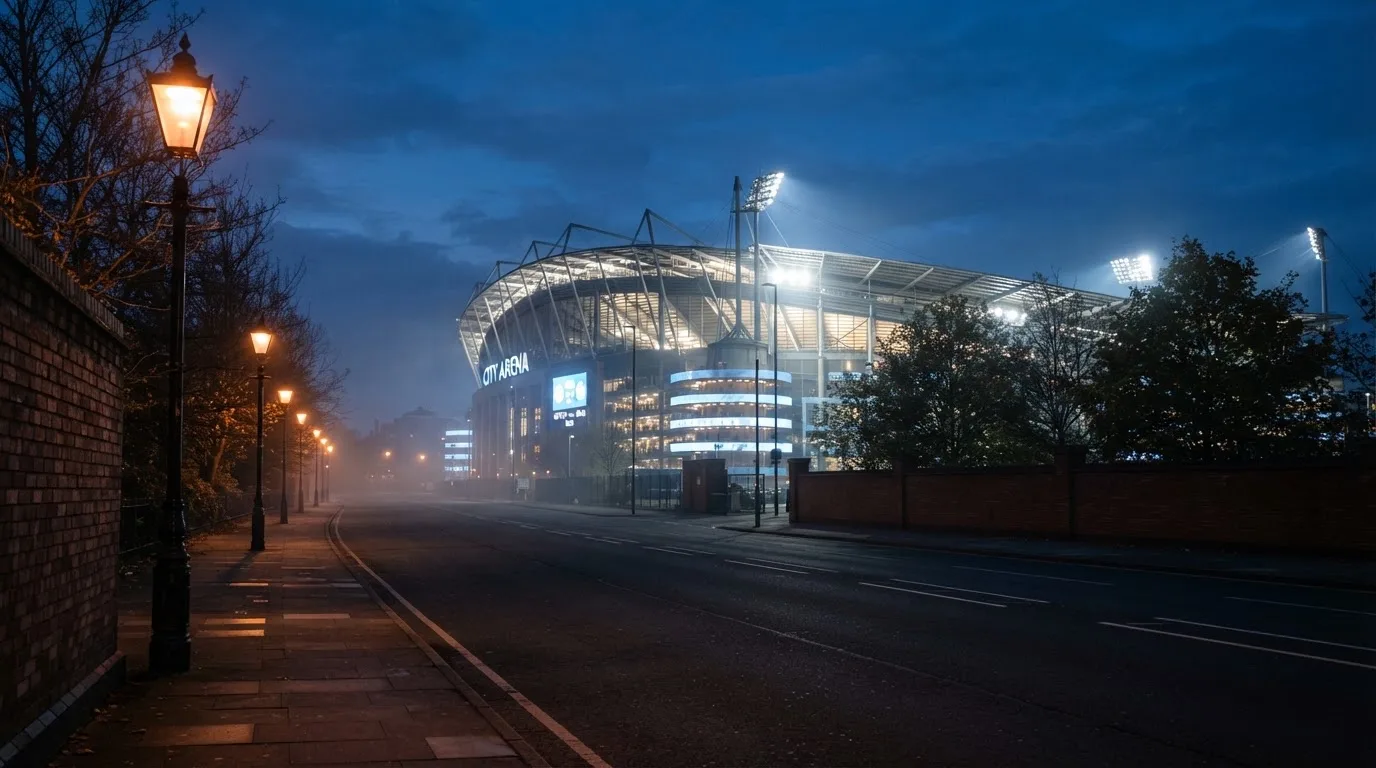 Ein Stadion unter Flutlicht aus der Ferne gesehen, davor eine dunkle Straße mit Laternen und ohne Menschen.