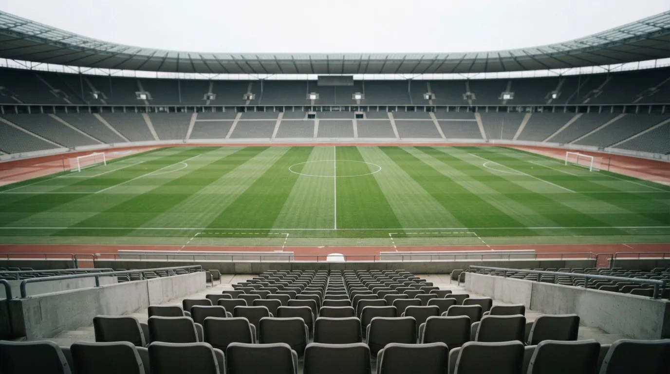 Ein leeres Fußballstadion bei Tageslicht von der Tribüne aus gesehen, der Rasen zeigt gleichmäßige Mähstreifen.