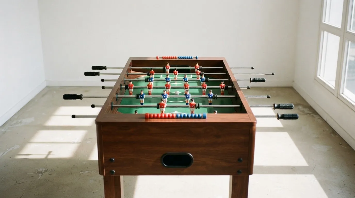 Ein Tischkicker in einem leeren Raum, die Spielfiguren in Reihe, Tageslicht fällt durch ein großes Fenster.