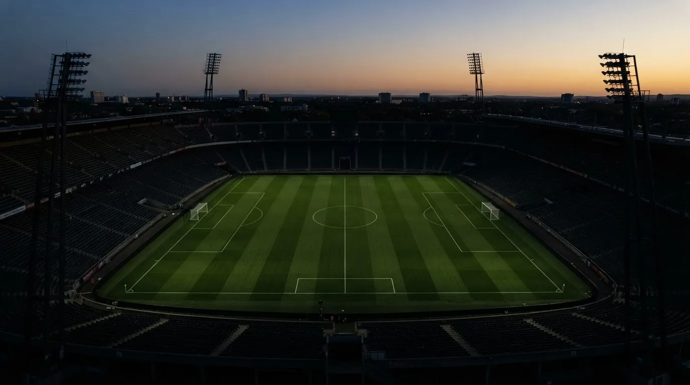 Ein Fußballplatz am Abend aus der Vogelperspektive, Flutlichtmasten ausgeschaltet, die Rasenlinien deutlich sichtbar.