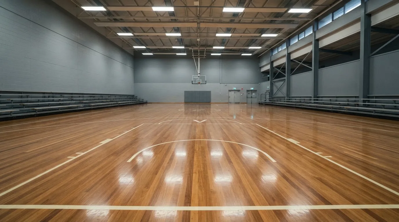 Ein Basketballfeld in einer leeren Halle, das Parkett spiegelt das Licht der Deckenlampen.