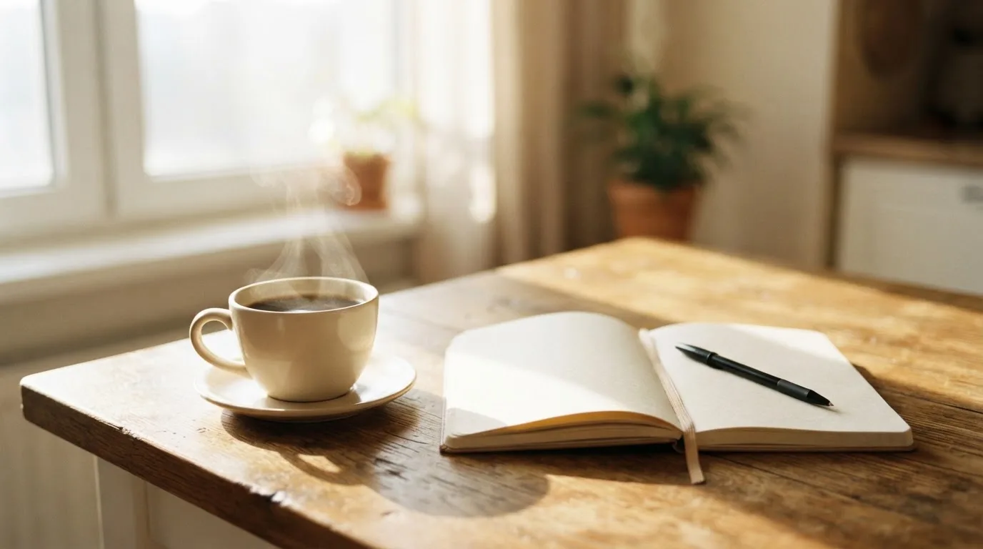 Eine Tasse Kaffee, ein Kugelschreiber und ein aufgeschlagenes leeres Notizbuch auf einem Küchentisch am Fenster.
