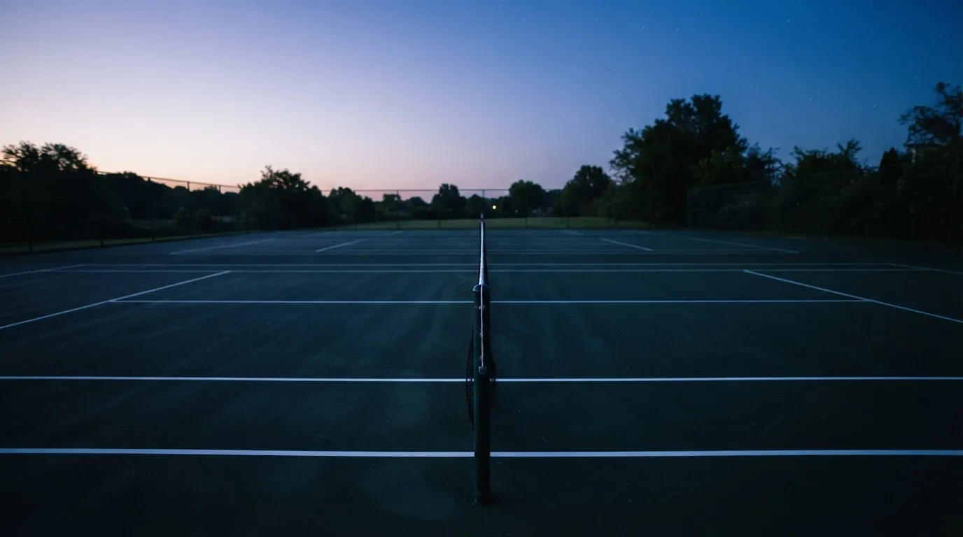 Ein Tennisplatz in der Dämmerung, Netz und Linien im Zwielicht, ohne Menschen und mit ruhigem Himmel.