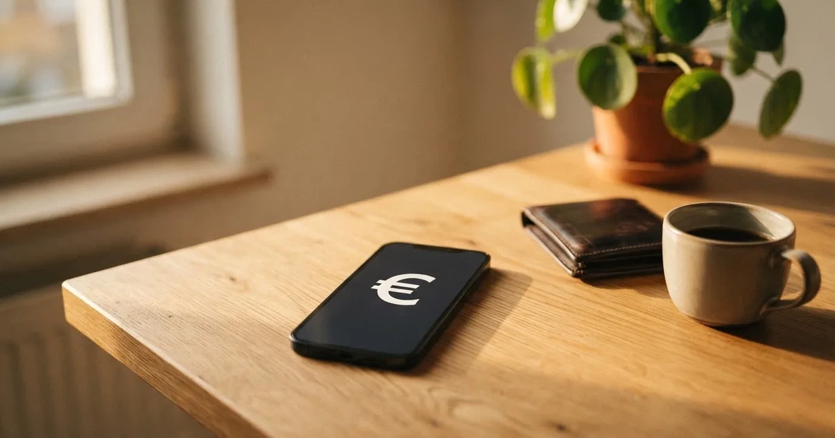 Ein Smartphone mit dunklem Bildschirm liegt auf einem Holztisch neben einem Portemonnaie und einer Kaffeetasse im Fensterlicht.