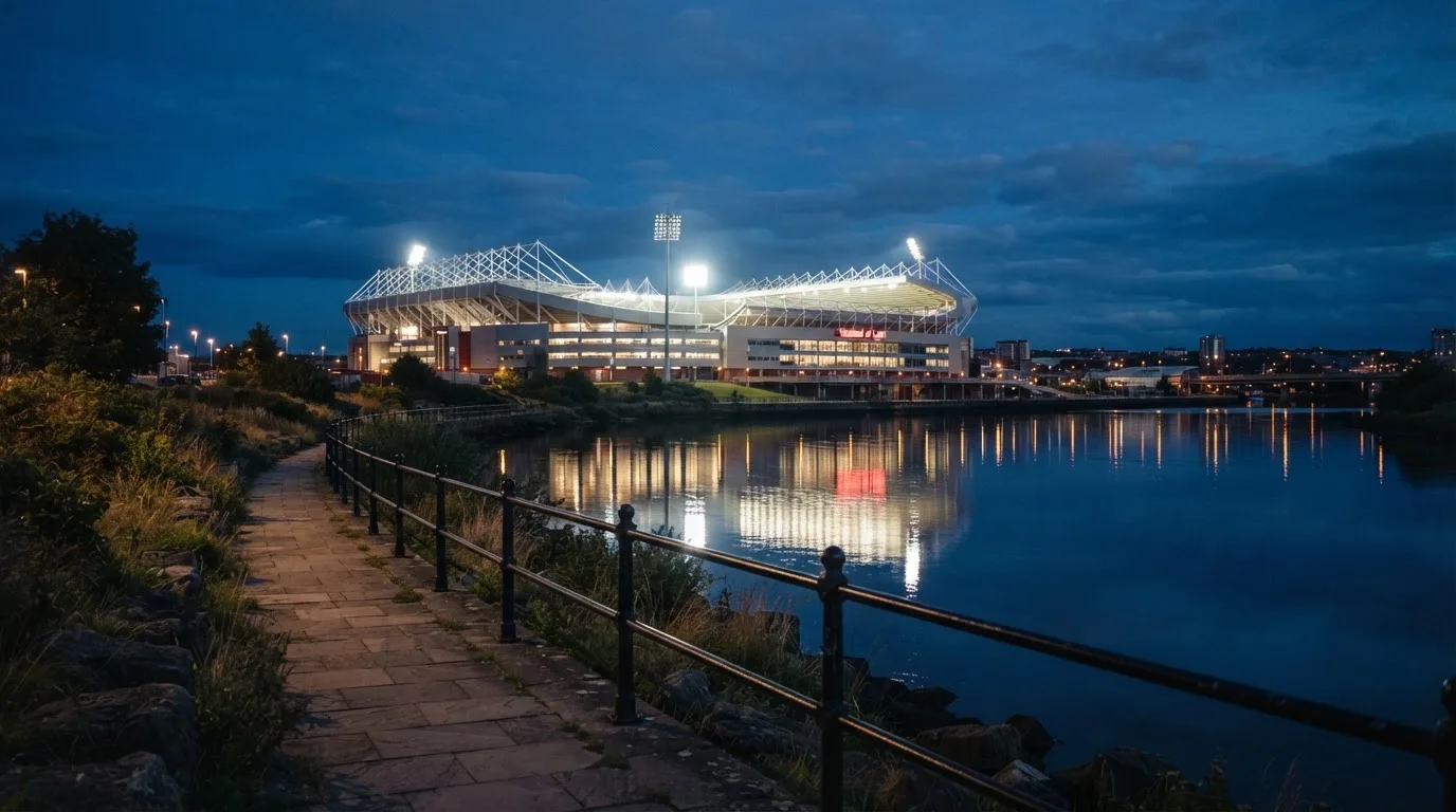 Ein Stadion unter Flutlicht aus der Ferne gesehen, im Vordergrund ein ruhiger Fluss und ein Fußweg.