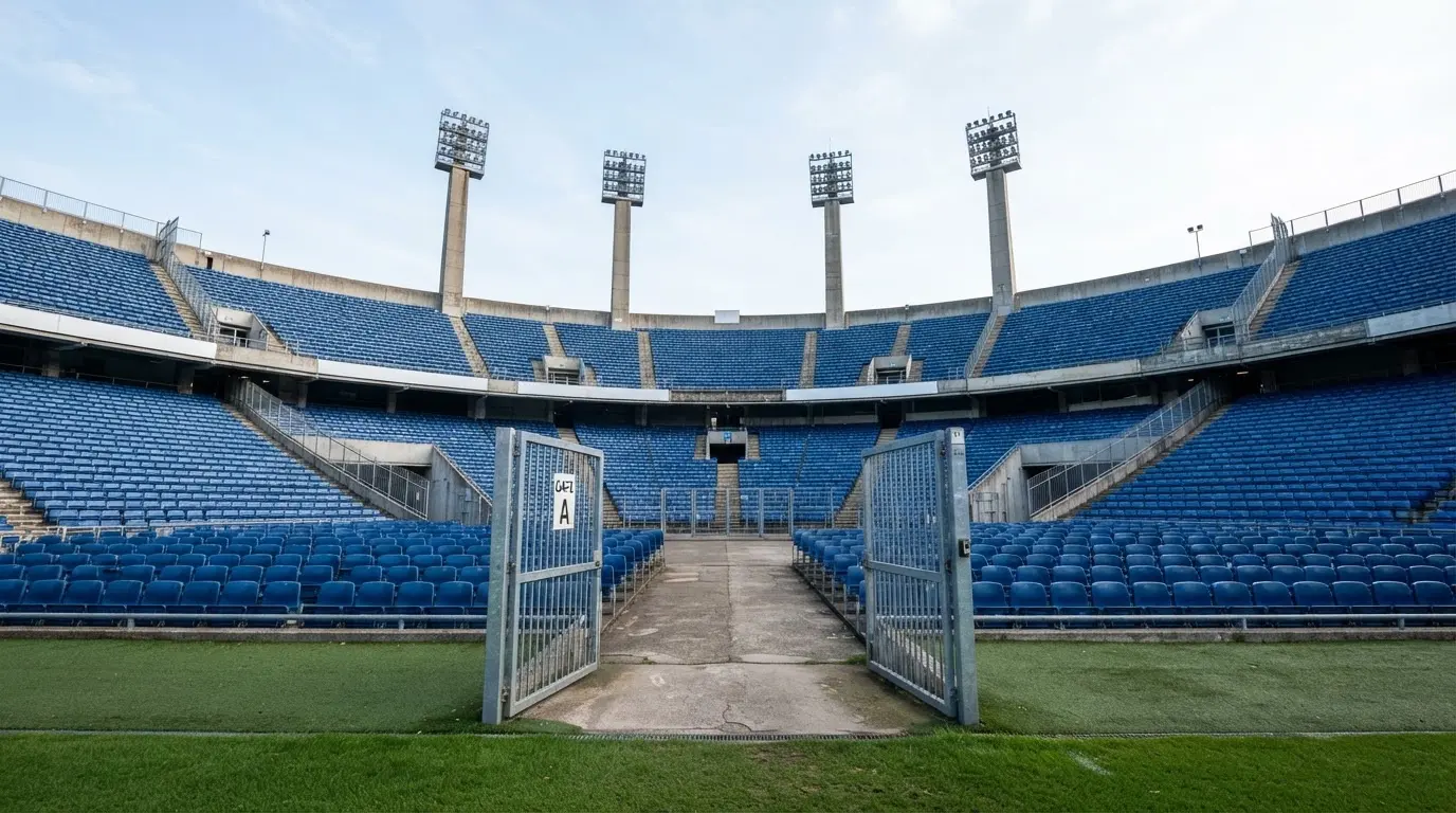 Eine leere Tribüne eines Fußballstadions bei Tageslicht, Sitzschalen in Reihen und dahinter ein Flutlichtmast.