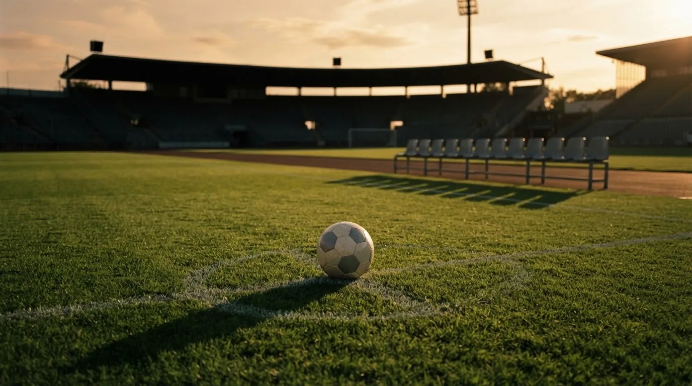Ein Fußball auf einem Rasenplatz im Gegenlicht der tiefstehenden Sonne, am Rand eine leere Ersatzbank.