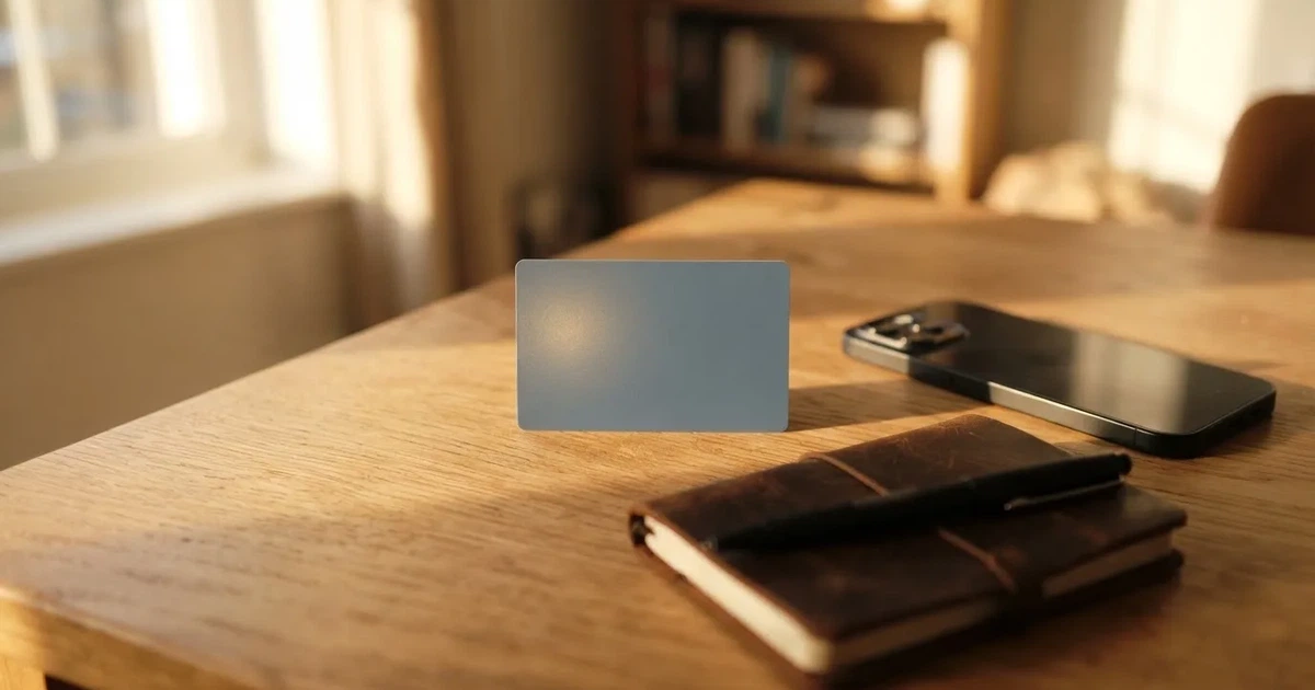 Eine Plastikkarte ohne Aufdruck liegt auf einem Holztisch neben einem Smartphone mit dunklem Bildschirm und einem Notizbuch.