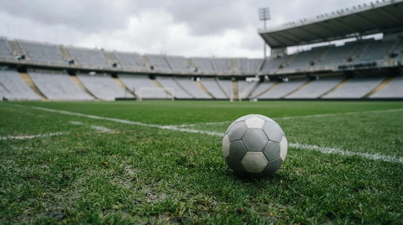 Ein Fußball auf einem Rasen, im Hintergrund ein leeres Stadion bei bewölktem Himmel.