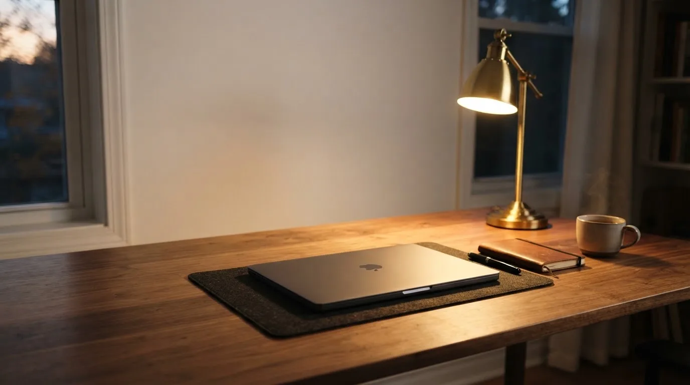 Ein Schreibtisch mit Lampe und geschlossenem Laptop in einem ruhigen Büro bei Abendlicht.