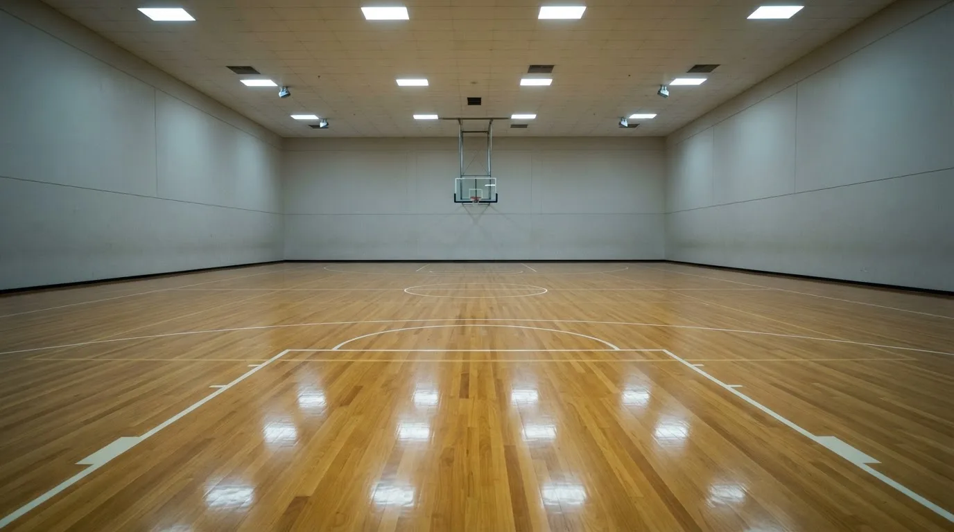 Ein Basketballfeld in einer leeren Halle, das Parkett spiegelt das Deckenlicht.