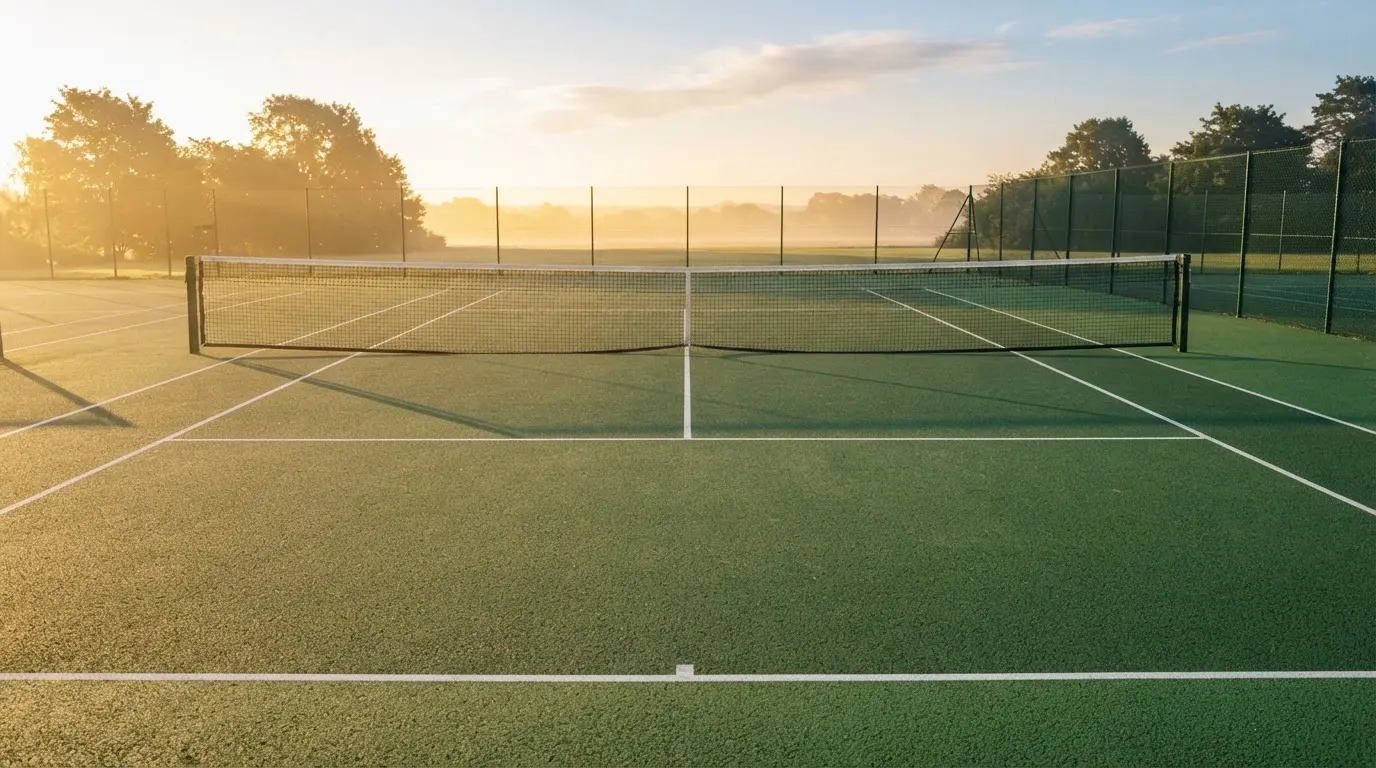 Ein Tennisplatz bei Sonnenaufgang, Netz und Linien im Streiflicht, ohne Menschen.