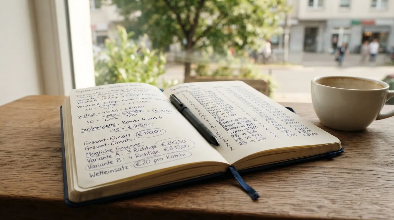 Ein aufgeschlagenes leeres Notizbuch mit Kugelschreiber neben einer Tasse Kaffee auf einem Tisch am Fenster.