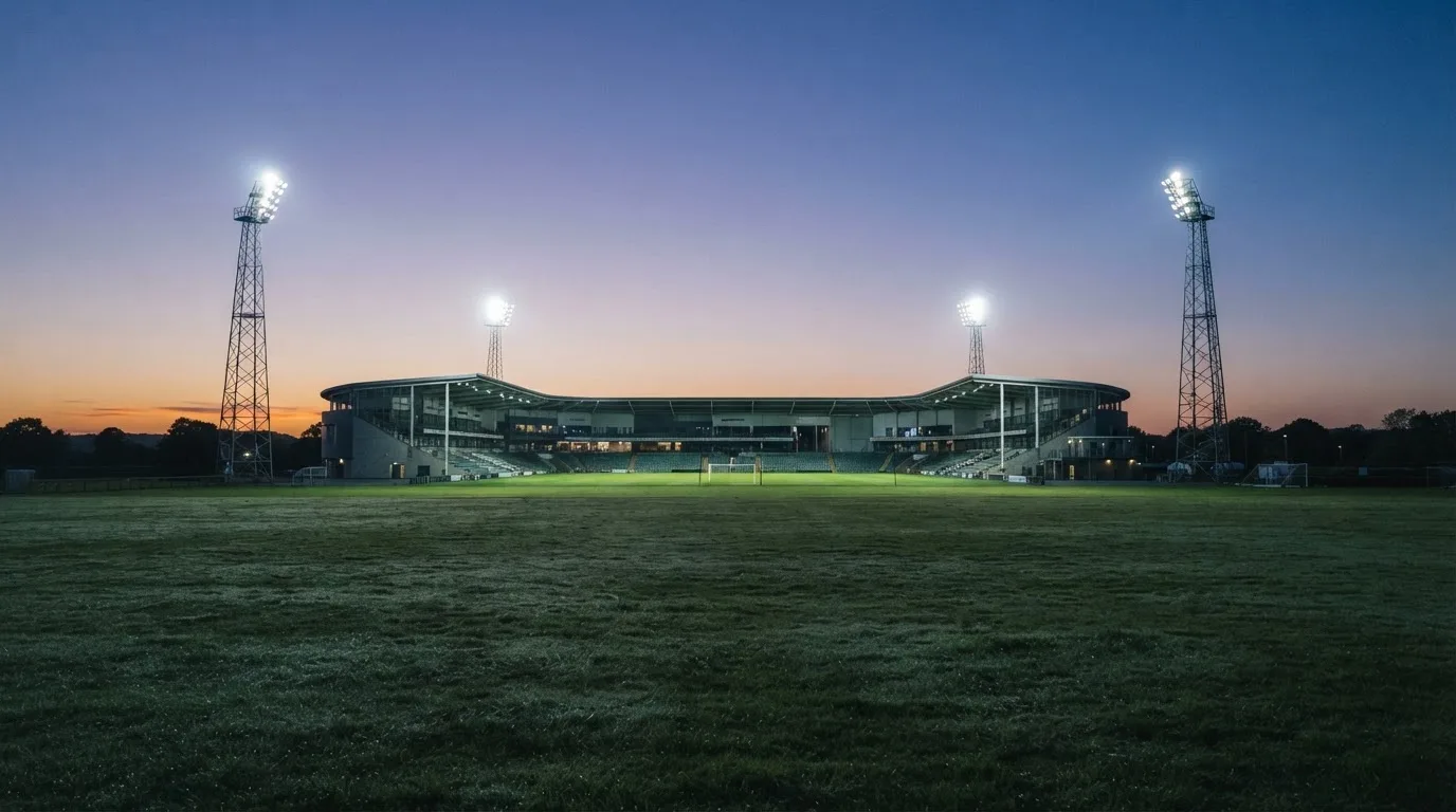 Ein Stadion unter Flutlicht aus der Ferne gesehen, im Vordergrund ein leeres Feld in der Dämmerung.