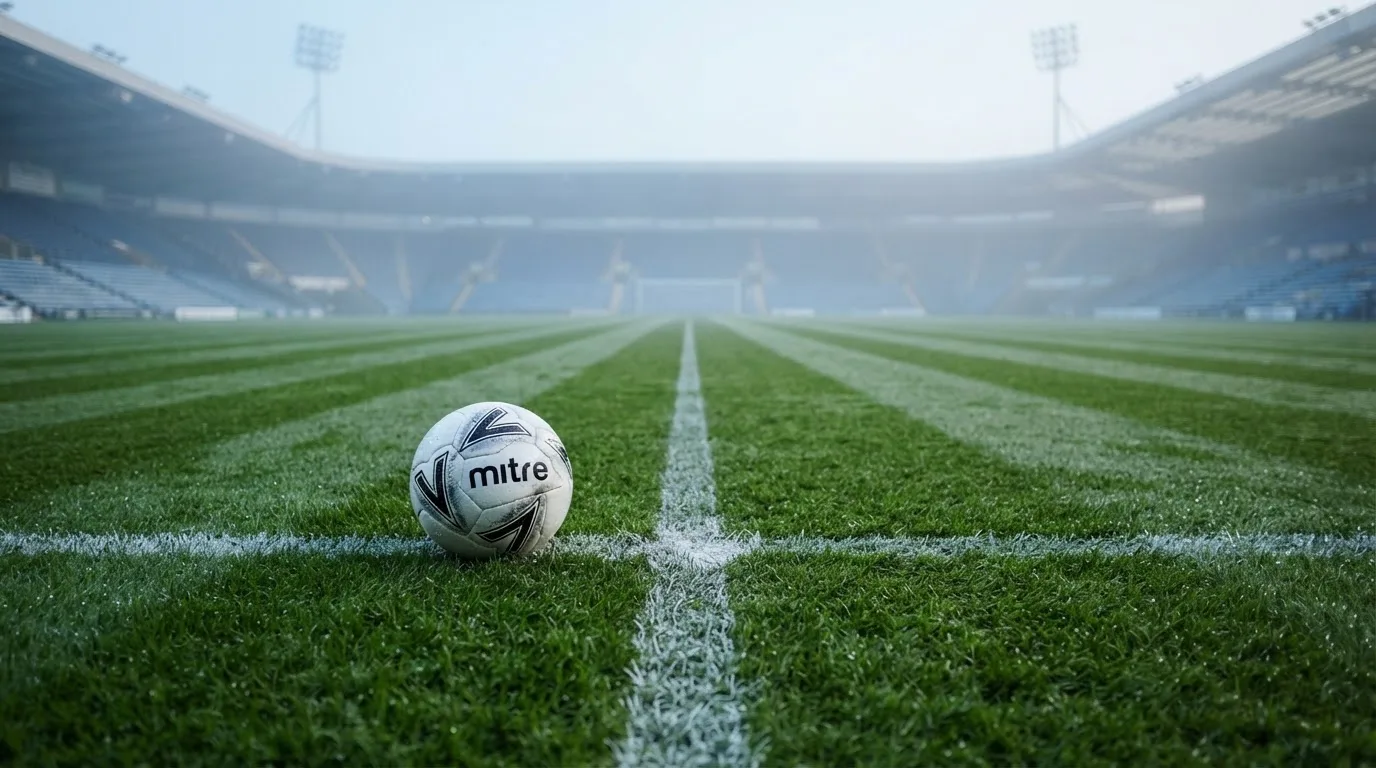 Ein Fußball liegt auf dem Anstoßpunkt eines leeren Rasenplatzes, im Hintergrund hängt Morgendunst über den Tribünen.