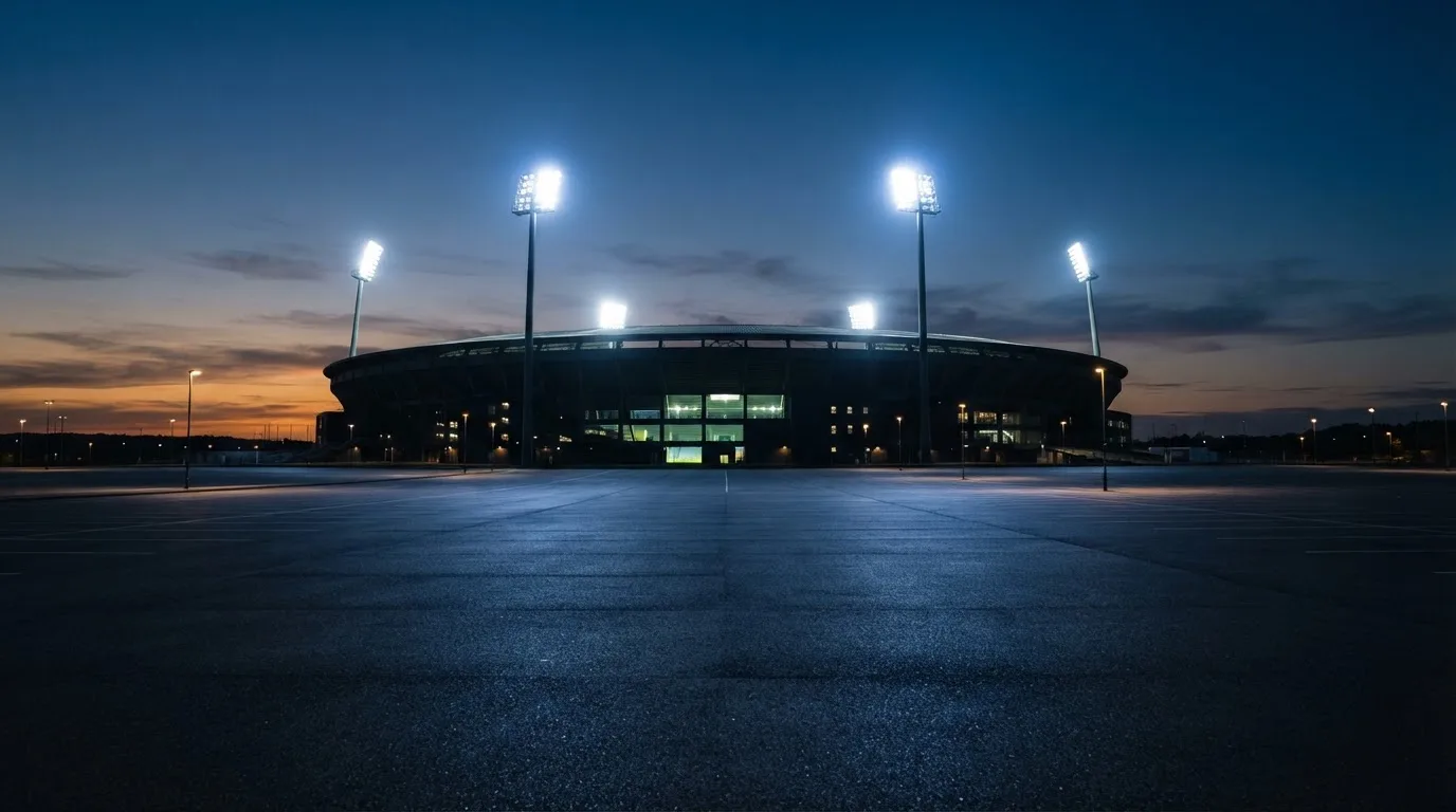 Ein Fußballstadion unter Flutlicht, aus großer Entfernung bei Einbruch der Dunkelheit gesehen, davor ein leerer Parkplatz.