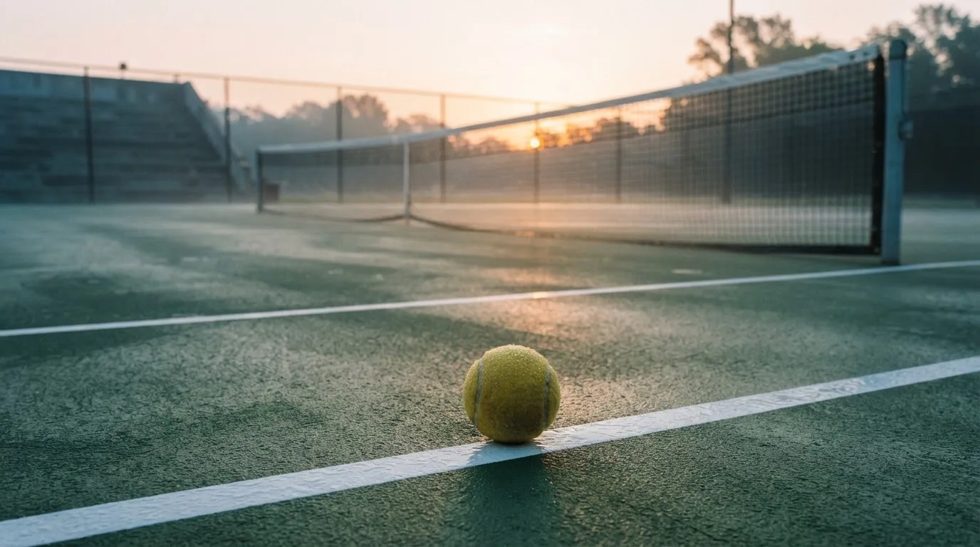 Ein Tennisplatz bei Sonnenaufgang, die Linien noch taufeucht, ein einzelner Ball liegt an der Grundlinie.