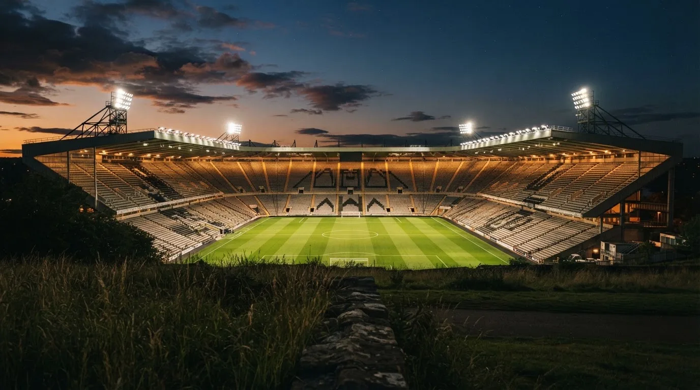 Ein leeres Stadion mit hell erleuchteten Rängen in der Abenddämmerung, von einem Hügel aus fotografiert.