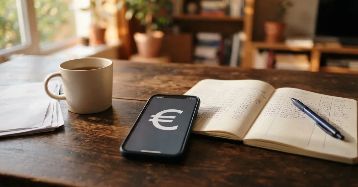 Ein paar Euro-Münzen und ein einzelner Geldschein liegen neben einem aufgeschlagenen Notizbuch mit handschriftlichen Zahlenreihen auf einem Schreibtisch.