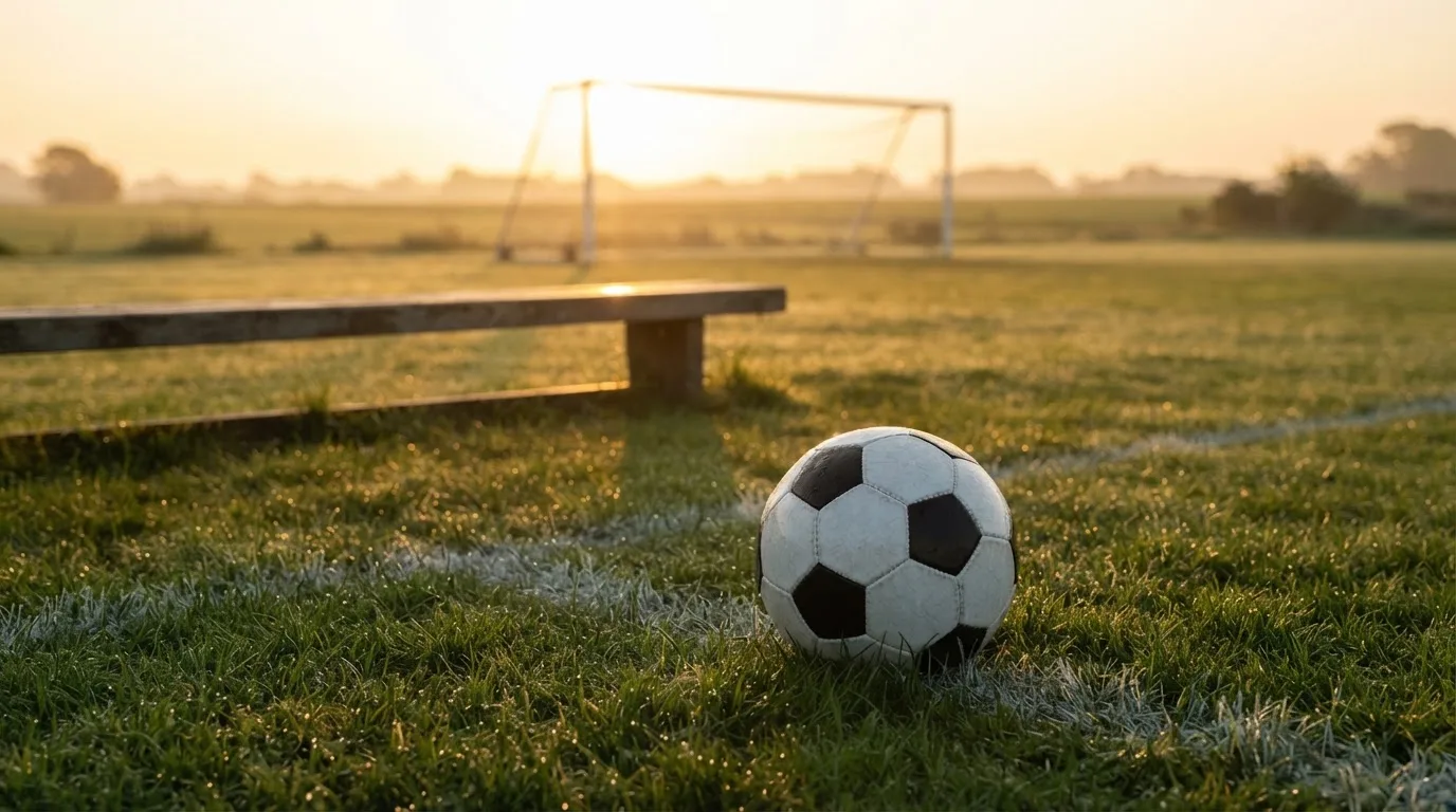 Ein Fußball liegt im Gras am Spielfeldrand, dahinter eine leere Bank und ein Tor im Gegenlicht.