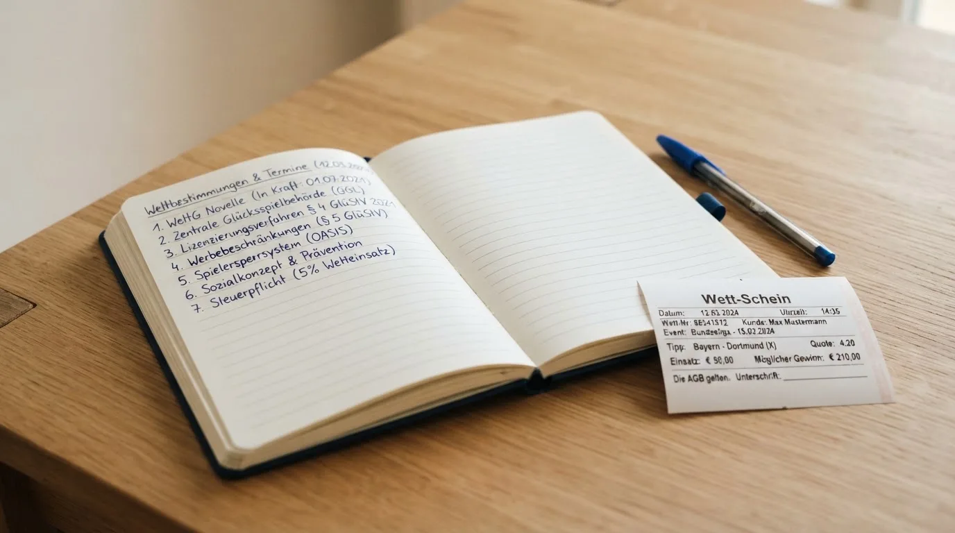 Ein Notizbuch mit handschriftlichen Notizen liegt aufgeschlagen neben einem leeren Papier-Wettschein auf einem Holztisch.
