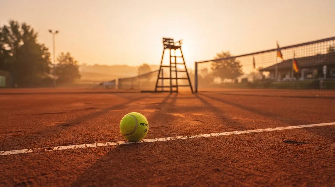 Ein Tennisball liegt auf einem roten Sandplatz bei Sonnenaufgang, im Hintergrund ein leerer Schiedsrichterstuhl.
