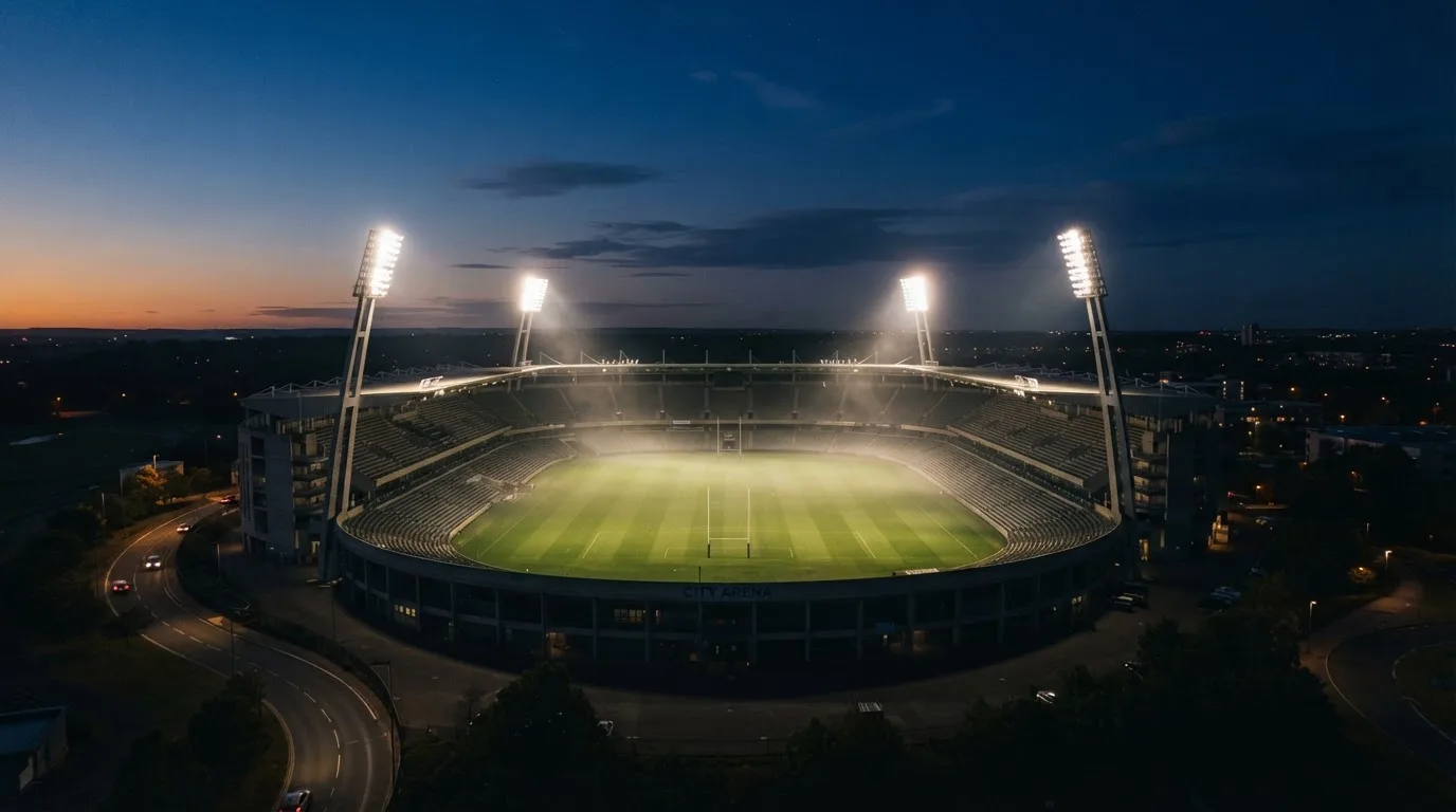 Ein Stadion unter Flutlicht aus der Ferne, davor ein stilles Feld im Dämmerlicht.
