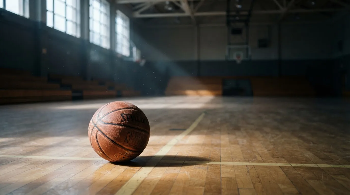 Ein Basketball liegt auf dem Parkett einer leeren Halle, Licht fällt durch hohe Fenster.