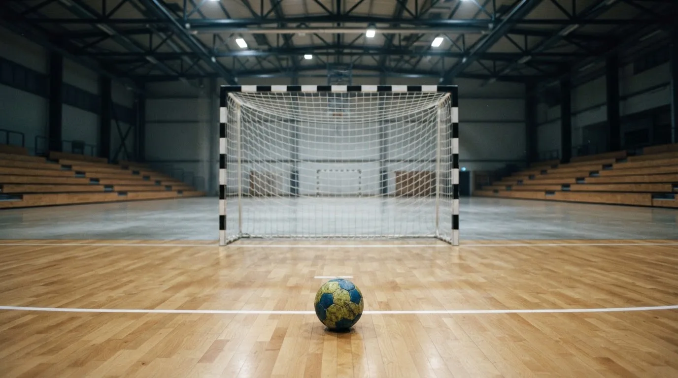 Ein Handball liegt in einer leeren Halle auf dem Boden vor dem Tor.