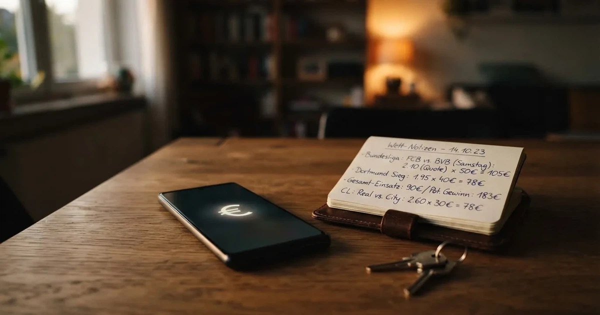Ein Handy mit abgedunkeltem Display, ein Schlüsselbund und ein Notizblock liegen auf einem Holztisch.