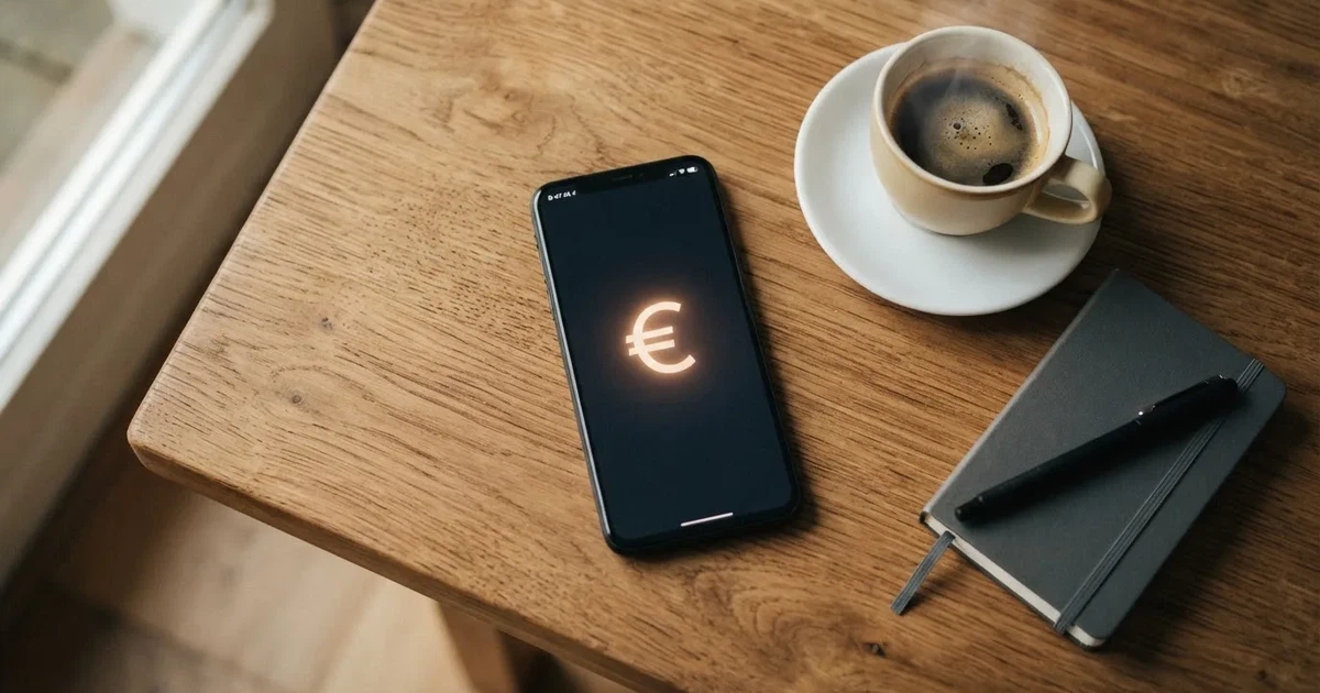 Ein Smartphone mit dunklem Display liegt neben einer Kaffeetasse und einem Notizbuch auf einem Küchentisch.
