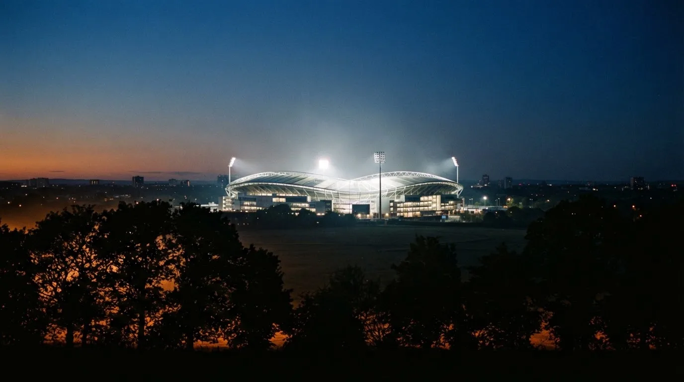 Ein Stadion unter Flutlicht aus großer Entfernung, davor die Silhouetten von Bäumen im Abendhimmel.