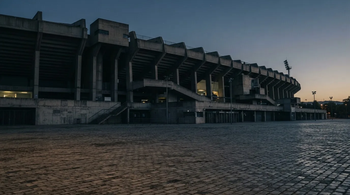 Die Rückseite einer Tribüne bei Dämmerung, davor ein menschenleerer Vorplatz mit Pflastersteinen.