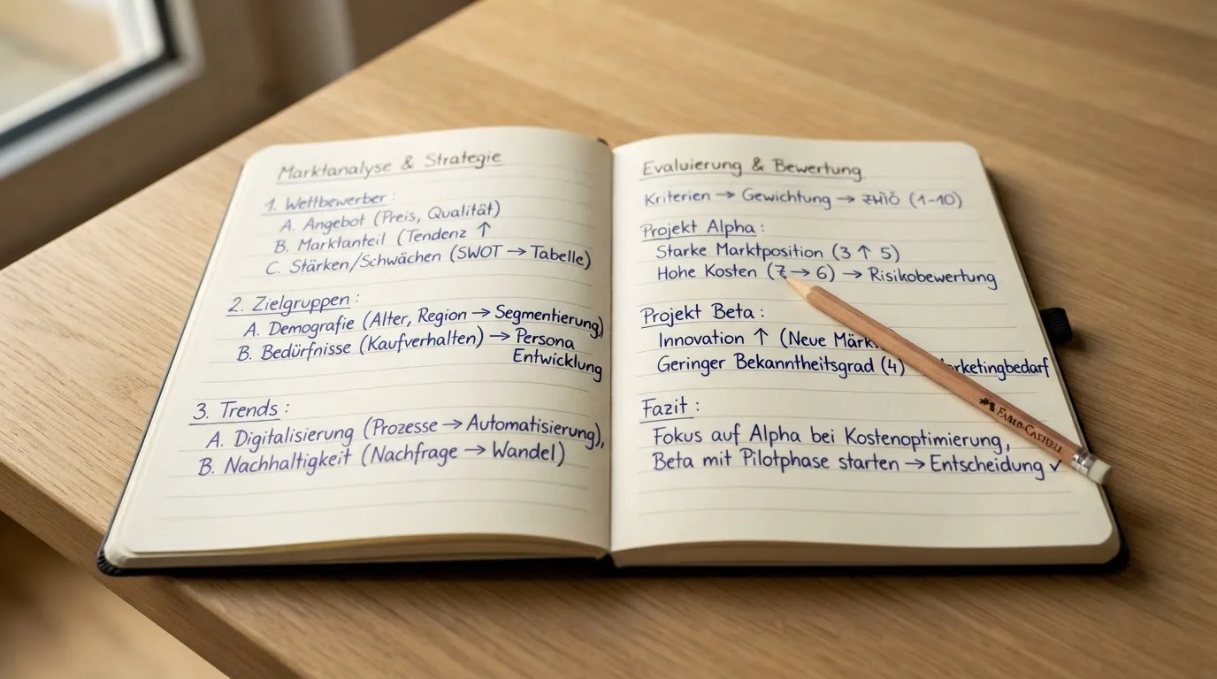Ein Notizbuch mit handschriftlichen Notizen und Pfeilen liegt aufgeschlagen auf einem Tisch neben einem Bleistift.