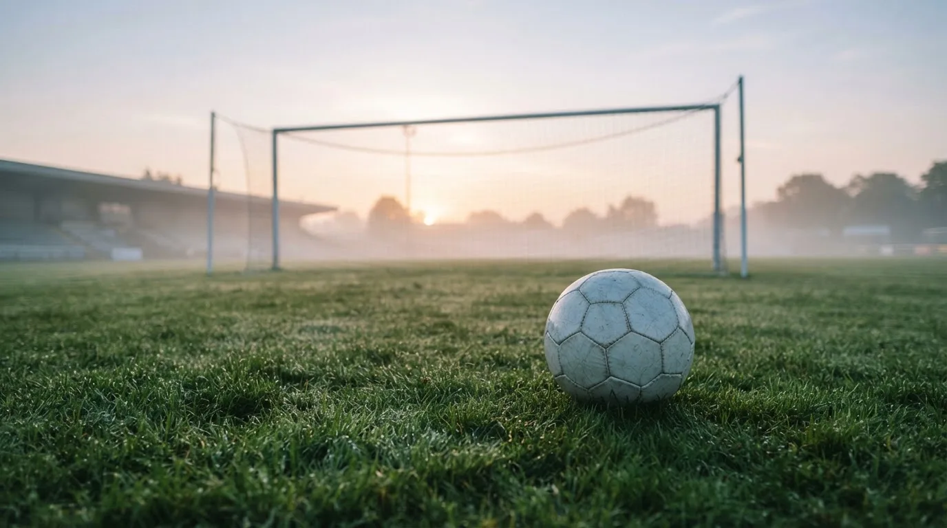 Ein Fußball auf dem Rasen vor einem leeren Tor im frühen Morgenlicht.