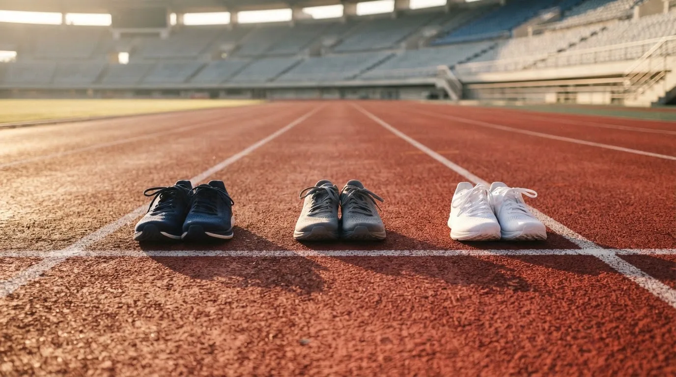 Mehrere Laufschuhe stehen nebeneinander an der Startlinie einer Tartanbahn im Morgenlicht.